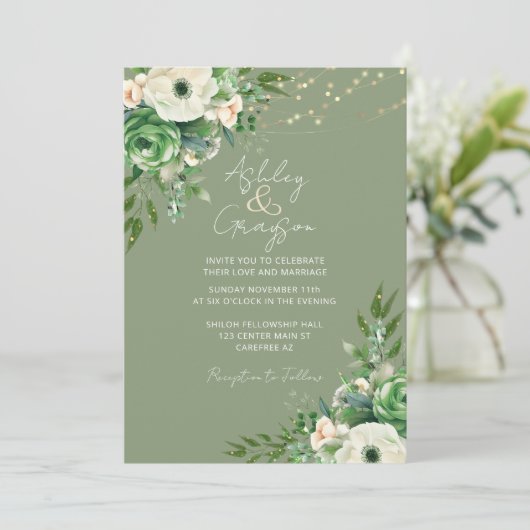 シンプルフローラセージ結婚グリーン 招待状 (スタンド正面)