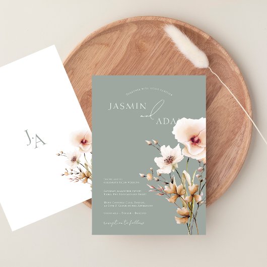 シンプルフローラセージ緑ピンクワイルドフラワー結婚ズ 招待状