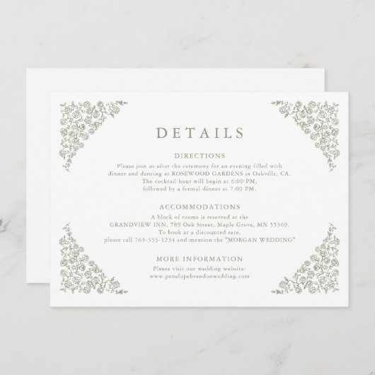 シンプルフローラタイムレスセージ結婚グリーン詳細 エンクロージャーカード (正面/裏面)