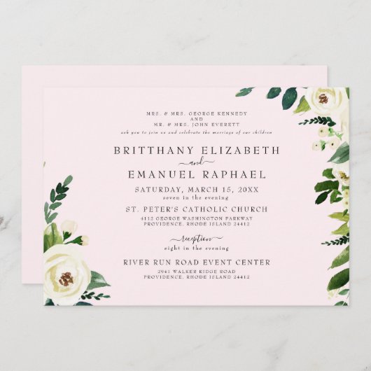 シンプルフローラピンク白結婚い 招待状 (正面/裏面)