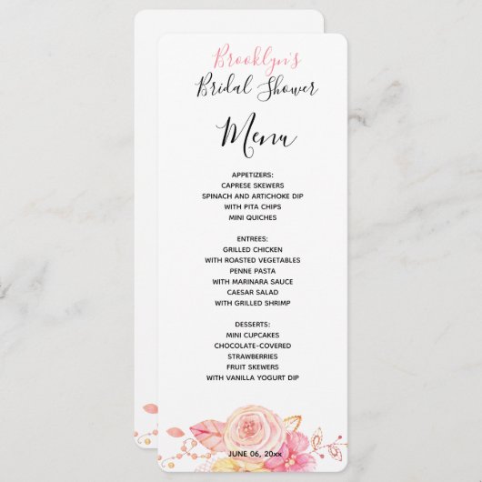シンプルフローラブライダルシャワーメニューカード メニュー (正面/裏面)