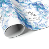 シンプルフローラブルーのミスター・アンド・ミセス結婚ズ ラッピングペーパー (ロールコーナー)