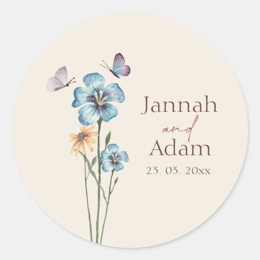 シンプルフローラブルーワイルドフラワーチョイス結婚ズ ラウンドシール (正面)