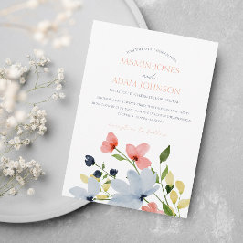 シンプルフローラボホブルーとピンク結婚ズ 招待状