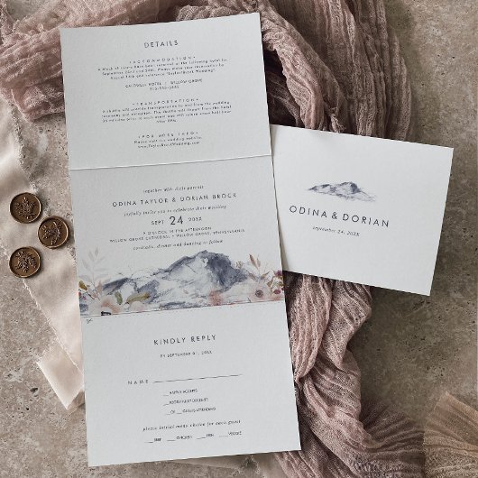 シンプルフローラマウンテン結婚の写真をすべて1つ 三つ折り招待状