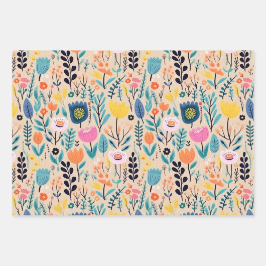 シンプルフローラモダンフォークアートイラストレーション ラッピングペーパーシート (正面2)