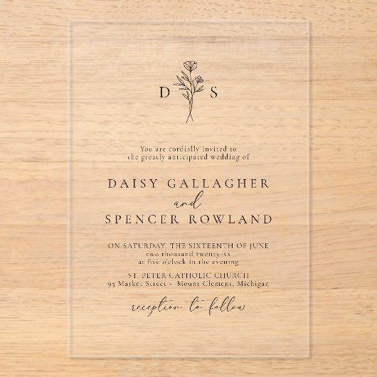 シンプルフローラモノグラ結婚ム澄んズ アクリル招待状 (正面)