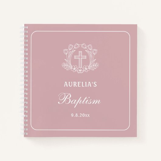 シンプルフローラルクロスオンピンクバプティスゲストブック ノートブック (正面)