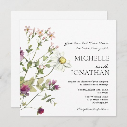 シンプルフローラワイルドフラワーズガーデンクリスチャン結婚ズ 招待状 (正面/裏面)