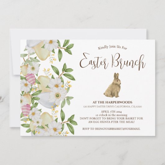 シンプルフローラ水色イースターブランチ卵狩り 招待状 (正面)