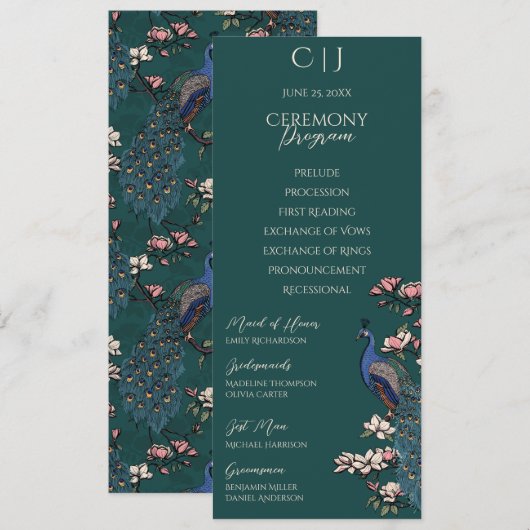 シンプルフローラ素朴ピーコック結婚式 プログラムカード (正面/裏面)