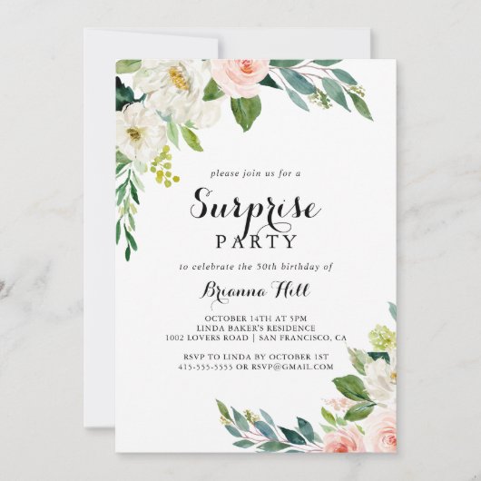 シンプルフローラ緑色葉驚きパーティー 招待状 (正面)