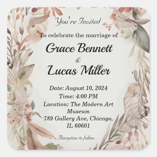 シンプルフローラ色彩の鮮やか軟結婚式招待状 スクエアシール (正面)