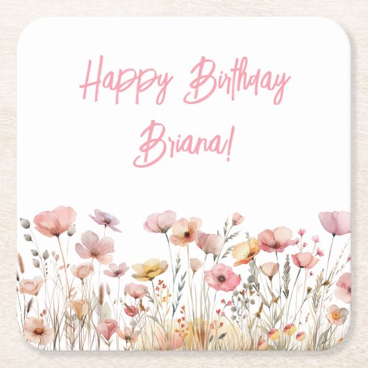 シンプルフローラ誕生日パーティー スクエアペーパーコースター (正面)