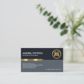 シンプルブスタイリッシュルーレイヤーズ金ゴールドストライプホーム引越し業者 名刺 (スタンド正面)