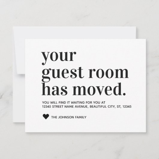 シンプルブモダンラックタイポグラフィゲストルームムービング 案内状 (正面)