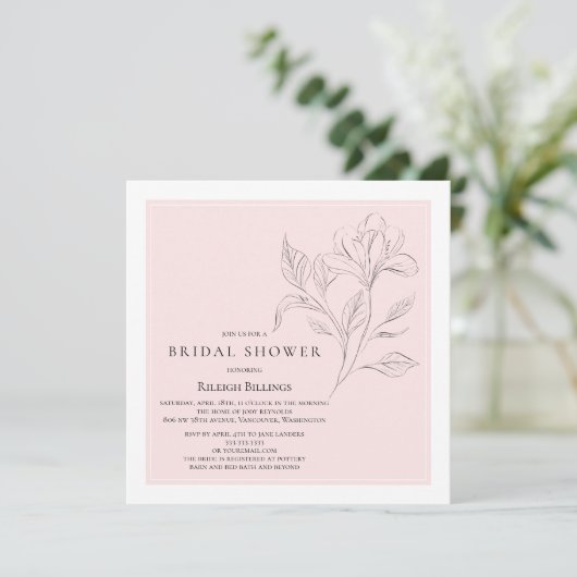 シンプルブライダルシャワーエレガントピンクホワイトフローラ 招待状 (スタンド正面)