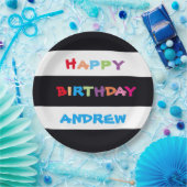 シンプルブライトカラフル名前をカスタムするハッピーバースデー ペーパープレート (パーティー)