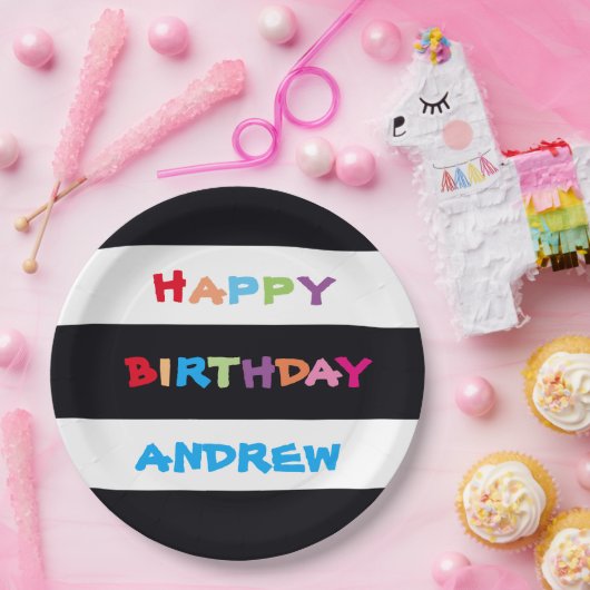 シンプルブライトカラフル名前をカスタムするハッピーバースデー ペーパープレート (パーティー)