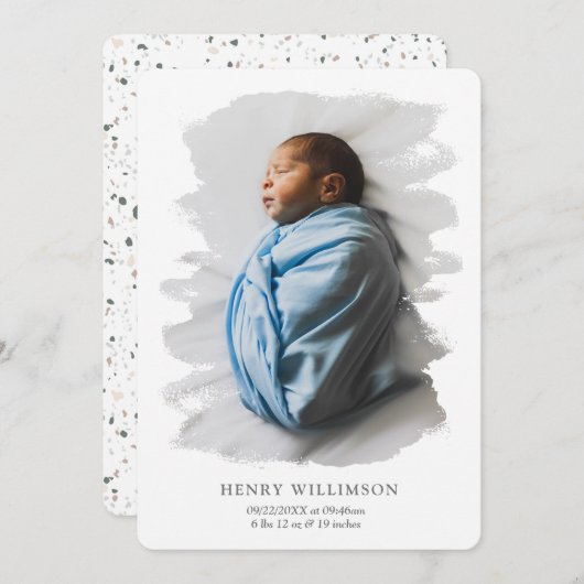 シンプルブラシストローク写真の誕生のお知らせ 案内状 (正面/裏面)