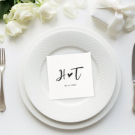 シンプルブラシ付きスクリプトハートモノグラ結婚ムの スタンダードカクテルナプキン