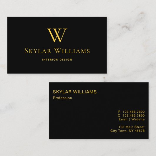 シンプルブラックおよび金ゴールドモノグラム 名刺 (正面/裏面)