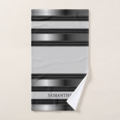 シンプルブラックとシルバーの幾何ストライプ バスタオルセット (ハンドタオル)