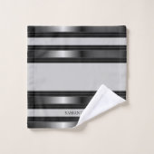 シンプルブラックとシルバーの幾何ストライプ バスタオルセット (ウォッシュタオル)