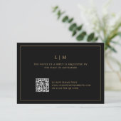 シンプルブラックと金ゴールドモノグラムQRコー結婚ド 出欠カード (スタンド正面)