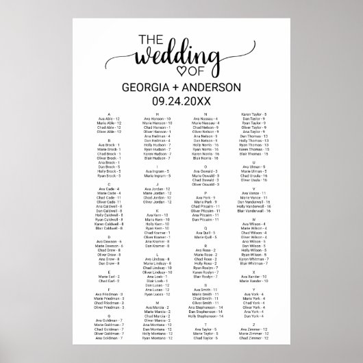 シンプルブラックアルファベットの座席表 ポスター (正面)