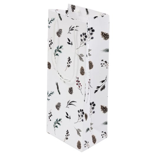シンプルブラックウィンターピネコーンウォーター色クリスマス ワインギフトバッグ (正面アングル)