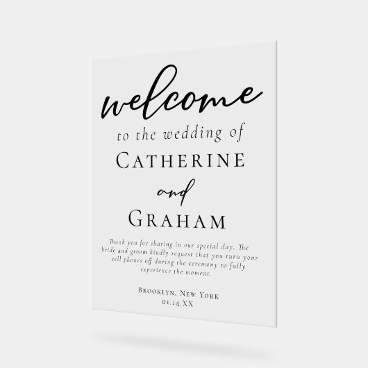 シンプルブラックタイポグラフィへようこそ結婚 アクリルサイン (傾斜)