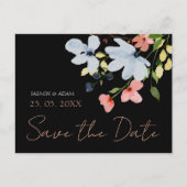 シンプルブラックピンクのフローラ結婚式の日付を保存 ポストカード (正面)