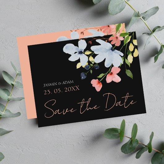 シンプルブラックピンクのフローラ結婚式の日付を保存 ポストカード
