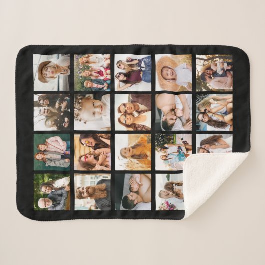 シンプルブラックフォトコラージュ20写真パーソナライズされた シェルパブランケット (正面(横))