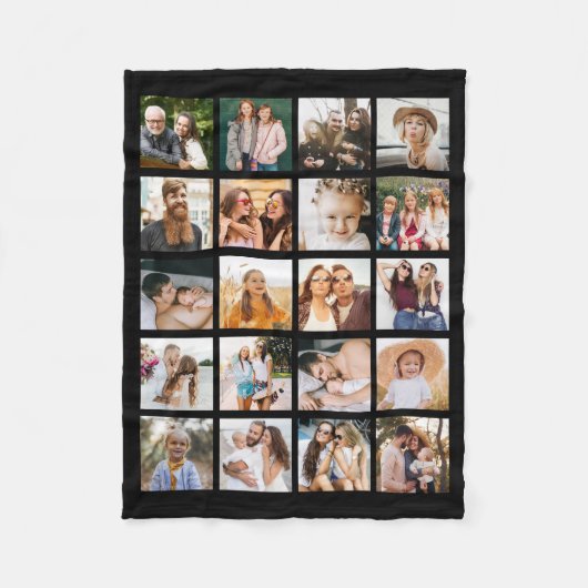 シンプルブラックフォトコラージュ20写真パーソナライズされた フリースブランケット (正面)