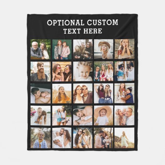 シンプルブラックフォトコラージュ25写真パーソナライズされた フリースブランケット (正面)