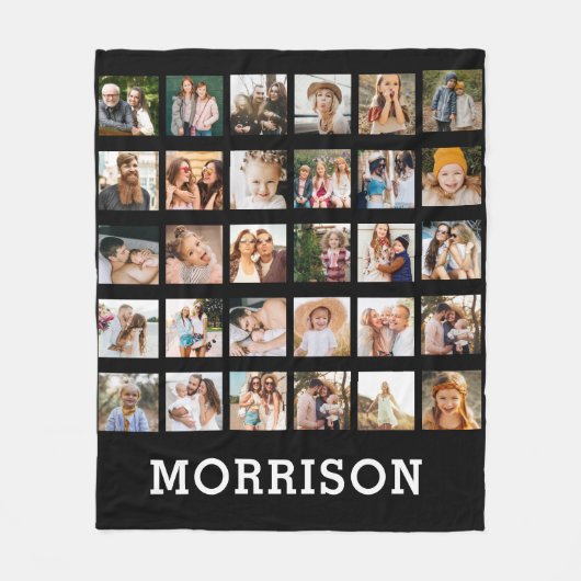 シンプルブラックフォトコラージュ30写真パーソナライズされた フリースブランケット (正面)