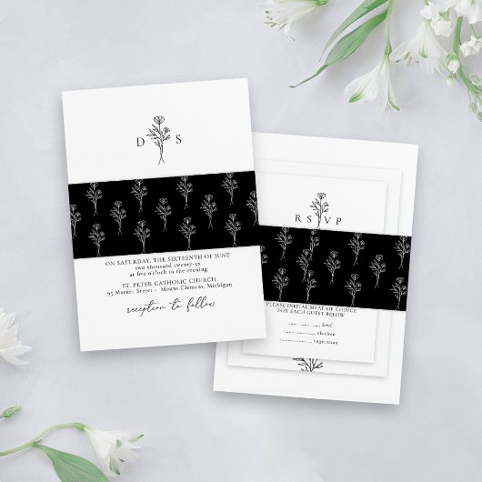 シンプルブラックミニマル花パタ結婚ーン 招待状ベリーバンド