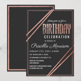 シンプルブラックモダンバラ金ゴールドシックリニア誕生日 招待状