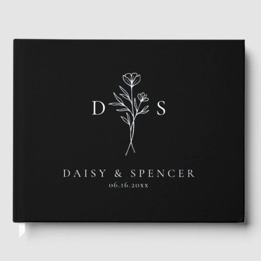 シンプルブラックモダンフローラモノグラム結婚ズ ゲストブック (正面)