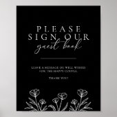 シンプルブラックモダンフローラ結婚ズゲストブックサイン ポスター (正面)