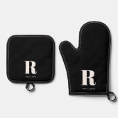 シンプルブラックモダンモノグラム 鍋つかみ&鍋敷きセット (正面)