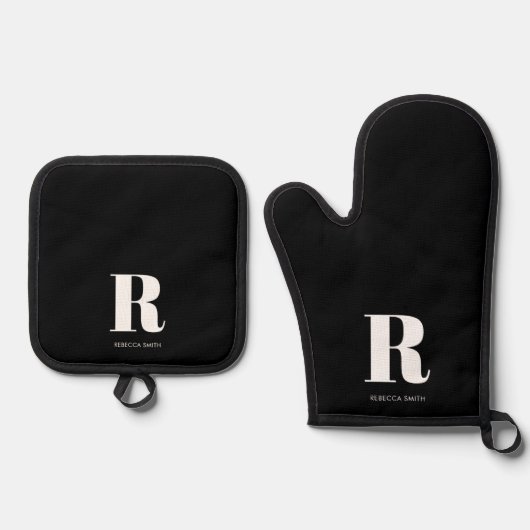 シンプルブラックモダンモノグラム 鍋つかみ&鍋敷きセット (正面)