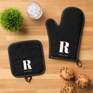 シンプルブラックモダンモノグラム 鍋つかみ&鍋敷きセット
