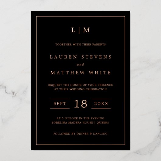 シンプルブラックモノグラムエレガントな結婚式 箔招待状 (正面)