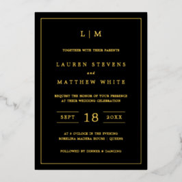 シンプルブラックモノグラムエレガントな結婚式 箔招待状