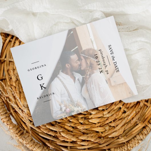 シンプルブラックモノグラム写真結婚式の日付を保存 ポストカード