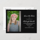 シンプルブラック卒業の日付を保存 案内ポストカード (正面/裏面)