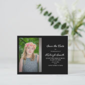 シンプルブラック卒業の日付を保存 案内ポストカード (スタンド正面)